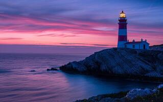 ai generado un faro soportes en contra un fascinante puesta de sol cielo de profundo rosas y blues foto