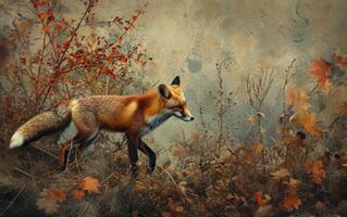 AI generated A young fox sits amidst a whirl of autumn leaves, its rich fur blending with the warm photo