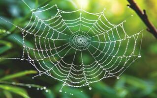 AI generated A macro photograph captures the luminous beauty of dewdrops adorning a spider web photo