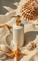 AI generated Aesthetic arrangement of a lotion dispenser among scattered seashells and starfish on sandy beach photo