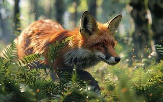AI generated A vivid red fox emerges amidst the ferns, its alert gaze and lustrous fur photo