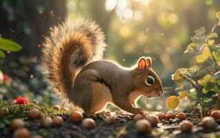 ai generado un dinámica imagen de un ardilla comprometido en un ferviente buscar para nueces entre un moteado luz de sol bosque foto