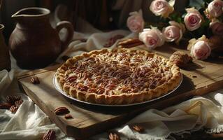 AI generated A freshly baked pecan pie exudes homespun charm, set against a backdrop of soft roses photo