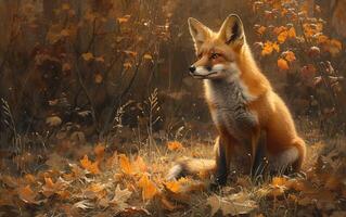 ai generado un joven zorro se sienta en medio de un giro de otoño hojas, sus Rico piel mezcla con el calentar foto