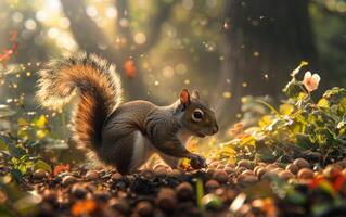 ai generado un dinámica imagen de un ardilla comprometido en un ferviente buscar para nueces entre un moteado luz de sol bosque foto