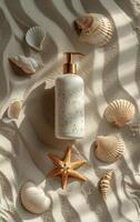 AI generated Aesthetic arrangement of a lotion dispenser among scattered seashells and starfish on sandy beach photo