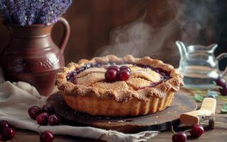 AI generated A freshly baked cherry pie rests on a wooden board, its golden crust and vibrant filling photo