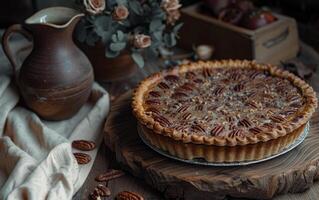 AI generated A freshly baked pecan pie exudes homespun charm, set against a backdrop of soft roses photo