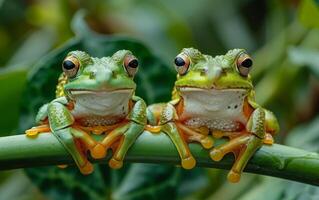 ai generado un cautivador cerca arriba de dos verde ranas reflejando cada otro en un vástago foto