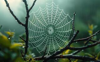 AI generated A macro photograph captures the luminous beauty of dewdrops adorning a spider web photo