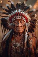 AI generated An esteemed Native American elder, adorned with a traditional headdress and regalia photo