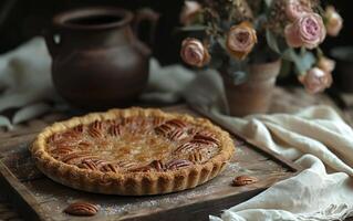 AI generated A freshly baked pecan pie exudes homespun charm, set against a backdrop of soft roses photo