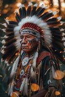 ai generado un estimado nativo americano mayor, adornado con un tradicional tocado y insignias reales foto