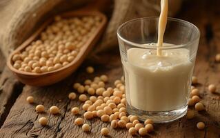 AI generated Fresh soy milk being poured into a clear glass with a spoonful of soybeans photo