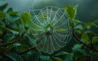 AI generated A macro photograph captures the luminous beauty of dewdrops adorning a spider web photo