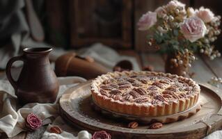 AI generated A freshly baked pecan pie exudes homespun charm, set against a backdrop of soft roses photo