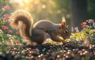 ai generado un dinámica imagen de un ardilla comprometido en un ferviente buscar para nueces entre un moteado luz de sol bosque foto