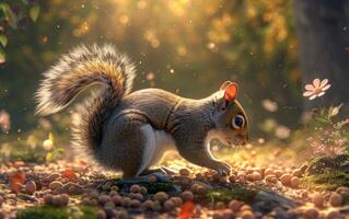 AI generated A dynamic image of a squirrel engaged in a fervent search for nuts among a dappled sunlight forest photo