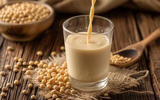 AI generated Fresh soy milk being poured into a clear glass with a spoonful of soybeans photo