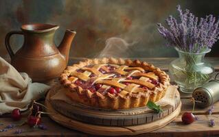 AI generated A freshly baked cherry pie rests on a wooden board, its golden crust and vibrant filling photo