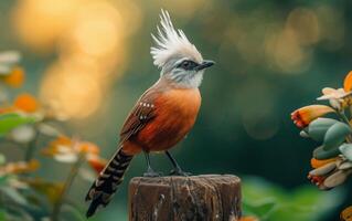 AI generated A striking White crested Laughingthrush perched on a tree stump photo