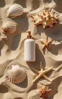 AI generated Aesthetic arrangement of a lotion dispenser among scattered seashells and starfish on sandy beach photo