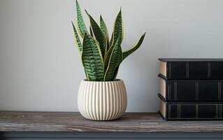 AI generated A potted snake plant adds a touch of greenery to a minimalist shelf arrangement photo