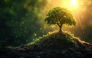 AI generated A solitary tree stands on a small hill, its leaves basking in the ethereal glow of sunlight photo