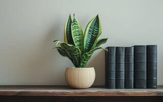 AI generated A potted snake plant adds a touch of greenery to a minimalist shelf arrangement photo