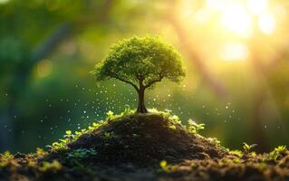 AI generated A solitary tree stands on a small hill, its leaves basking in the ethereal glow of sunlight photo