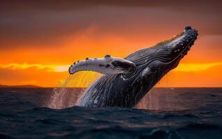 ai generado un asombroso monitor de un jorobado ballena incumplimiento el Oceano superficie con un dramático puesta de sol foto