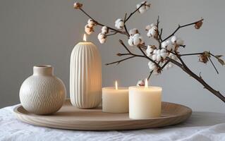 AI generated Lit candles in textured holders on a wooden tray, accompanied by soft cotton branches photo