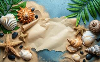 AI generated An overhead view of a summer beach-themed backdrop, featuring a blank paper scroll for mockup designs photo