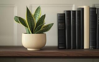 AI generated A potted snake plant adds a touch of greenery to a minimalist shelf arrangement photo