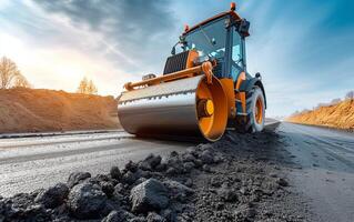 AI generated A vibrant orange road roller paves a new path, its heavy drum compacting asphalt with precision photo