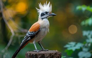 AI generated A striking White crested Laughingthrush perched on a tree stump photo