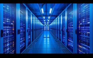 AI generated The symmetrical view of a data center with illuminated server racks photo