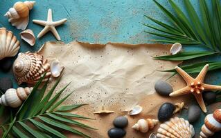 AI generated An overhead view of a summer beach-themed backdrop, featuring a blank paper scroll for mockup designs photo