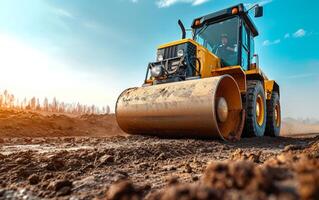 AI generated A vibrant orange road roller paves a new path, its heavy drum compacting asphalt with precision photo