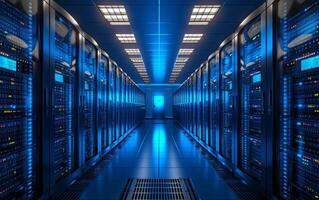 AI generated The symmetrical view of a data center with illuminated server racks photo