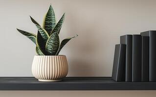 AI generated A potted snake plant adds a touch of greenery to a minimalist shelf arrangement photo