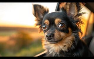 AI generated A small, fluffy dog with striking black and tan fur gazes into the distance photo