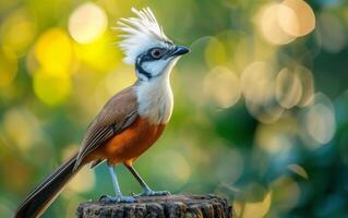 AI generated A striking White crested Laughingthrush perched on a tree stump photo