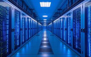 AI generated The symmetrical view of a data center with illuminated server racks photo
