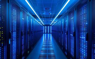 AI generated The symmetrical view of a data center with illuminated server racks photo