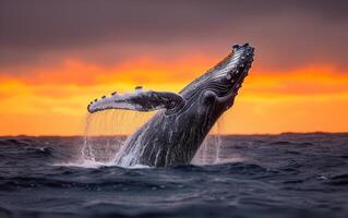 ai generado un asombroso monitor de un jorobado ballena incumplimiento el Oceano superficie con un dramático puesta de sol foto