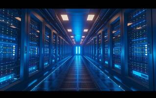 AI generated The symmetrical view of a data center with illuminated server racks photo