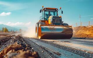 AI generated A vibrant orange road roller paves a new path, its heavy drum compacting asphalt with precision photo