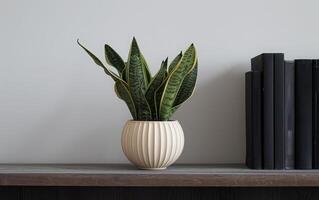 AI generated A potted snake plant adds a touch of greenery to a minimalist shelf arrangement photo