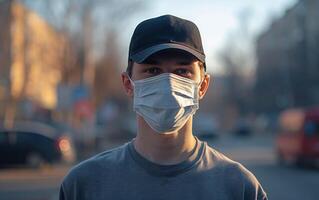 ai generado un joven hombre con un negro gorra y quirúrgico mascarilla, nuevo normal en un bullicioso urbano ajuste foto